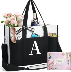 Tote Bag for Women, Initial Canvas Beach Bags Tote with Top Zipper Personalized Friend Birthday Bridesmaid Sister Wedding Mother Grandma Gifts w Inner Pocket Side Pocket Shoulder Strap and Greeting Card and Gift Box