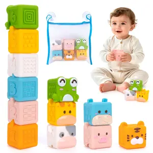 Baby Soft Plastic Building Blocks Set, Sound Effect Stackable Biting Toy with Mesh Bag Storage, 6 Different Animal Shapes, Early Education Toy