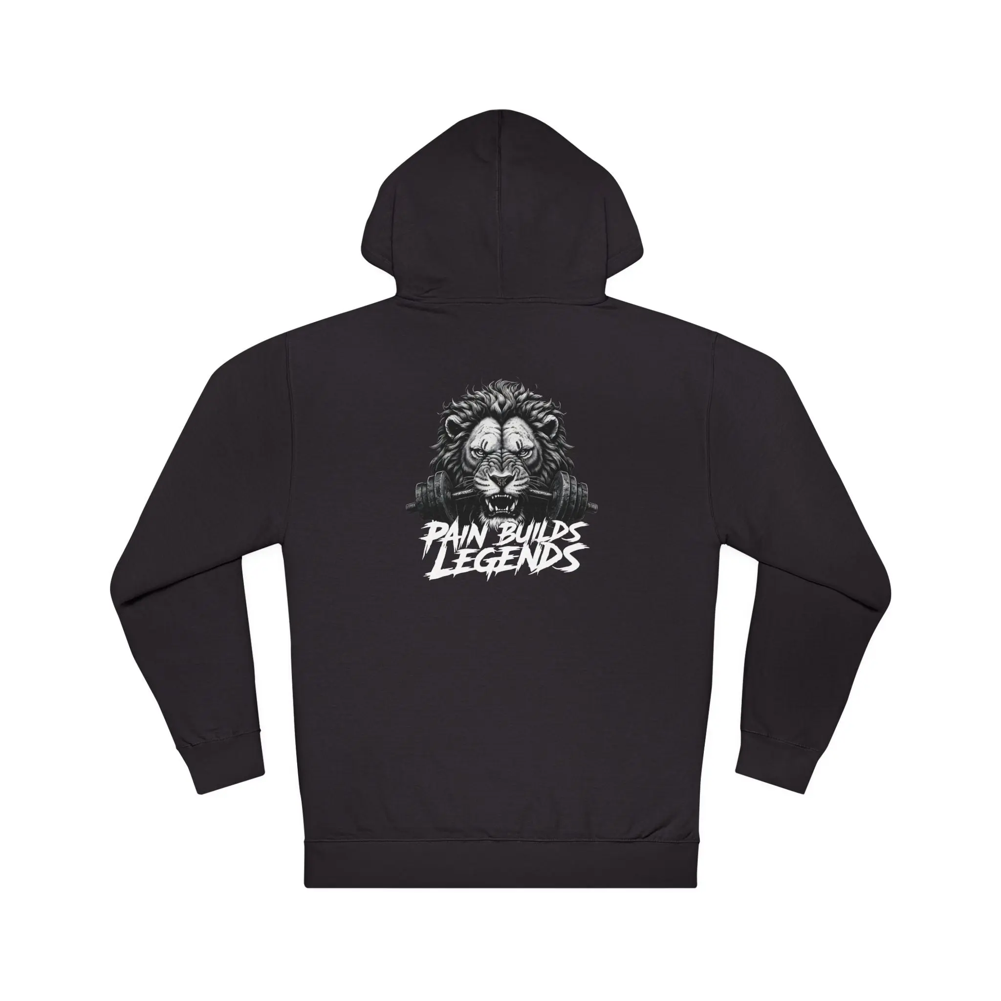 Pain Builds Legends Hoodie – Fierce Lion & Dumbbell Graphic Hardcore Hoodie for Bodybuilding, Powerlifting & Fitness Training