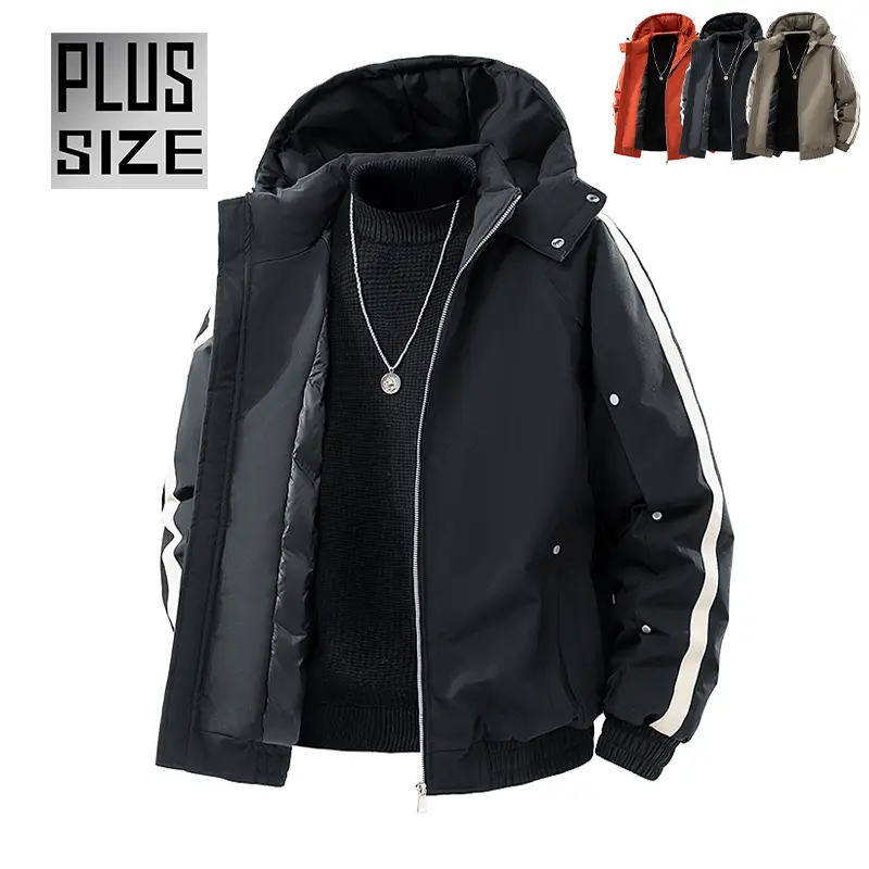 Plus-size men’s loose street-style hooded jacket made of thick cotton—casual, trendy, versatile design with white side stripes that add visual layers and snap closures at the shoulders; suitable for heavier individuals for everyday winter wear. travelesse