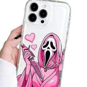 Hallowen Pink heart Grim Reaper Ghost Face Mobile Phone Case IPhone 17 Air TPU Transparent Phone Case for IPhone 16 plus 13 12 11 cases with Unique Design and Protection Soft Silicone Ghostly Love Phone Case