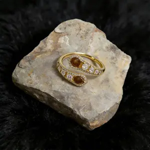 Witchy Jewelry - 925 Sterling Silver Gold Double Tiger Eye Ring with Brown Agate Crystal Accent, Open-Shank Fixed Size, Vintage Magic Ring | Witchtok Jewelry Natural Gemstone Ring