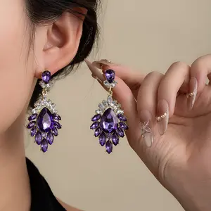 Vintage Light Luxury High-End Sparkling Full-Diamond Tassel Earrings DDES0414 Elegant Purple Diamond Statement Earrings for Women 14K Gold-Plated