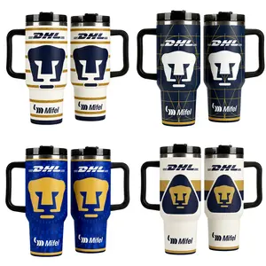 Pumas UNAM Mexico 40oz Insulated Tumbler with Handle and Lid, Stainless Steel Travel Mug, Blue Gold Mexican Soccer Fan Cup, Leak Resistant Reusable Cold Drink Cup for Water, Iced Coffee, Game Day Gift for Men Women