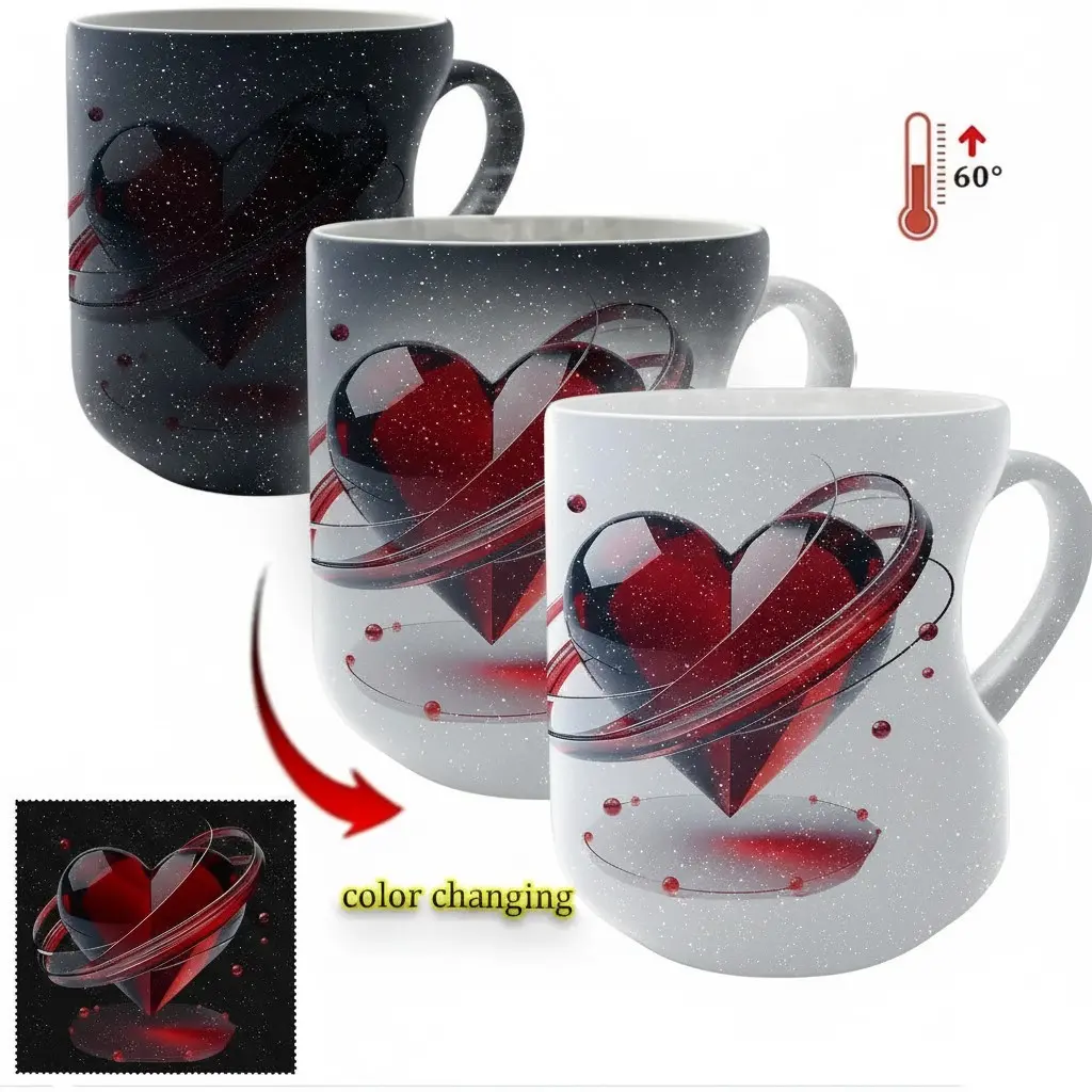 Fascinating Heat-Sensitive Color-Changing Ceramic Travel Mug, 11oz (330ml) Heart Design Insulated Tumbler, Cosmic Space Themed Valentine's Day Gift for Her, Portable On-the-Go Coffee & Tea Cup
