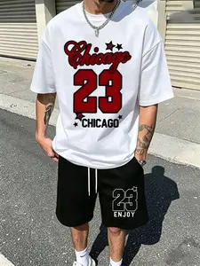 Men's Grey Chicago 23 Graphic T-Shirt & Black Shorts Set, Y2K Streetwear Casual 2PC Outfit T-Shirt And Drawstring Waist Shorts Set Y2K Style Fashion Pattern Oversized Casual Streetwear Outfit, Summer Daily Wear| Retro Sports Streetwear