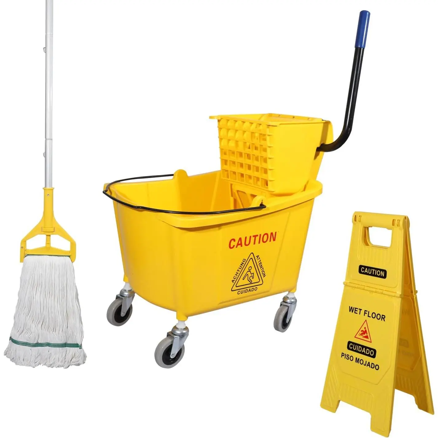 Side Press Wringer Combo Commercial Mop Bucket on Wheels, 35 Quart,Yellow, Including Wet Floor Caution Sign(24Inch) and One Industrail Mop