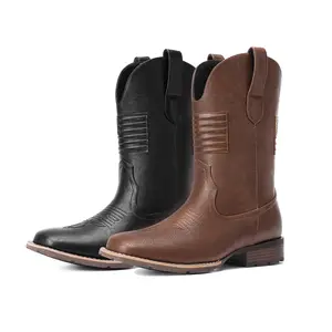 【PlusSize】Men's Cowboy Boots - Square Toe Retro Brown Western Botas, Faux Leather, Perfect for Concerts, Daily Wear, and Weddings for Fall FathersDayGift and Winter Footwear