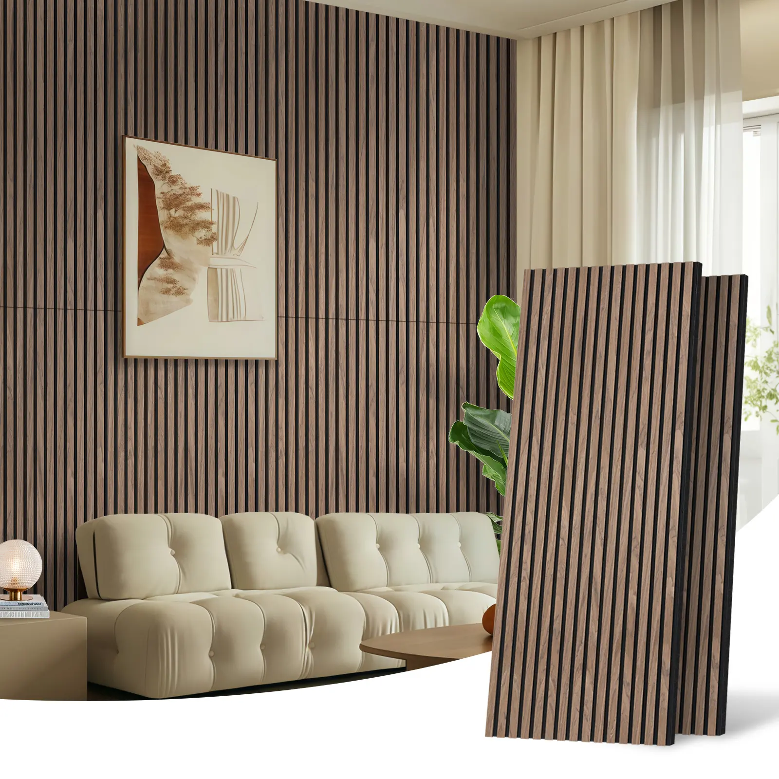 THSTAR Walnut PU Wood Slat Acoustic Wall Panels, 3-Sided Wrapped Fluted Wall Panels for Interior Wall & Ceiling Decor, 23.6" x 47.2", 4 Pack