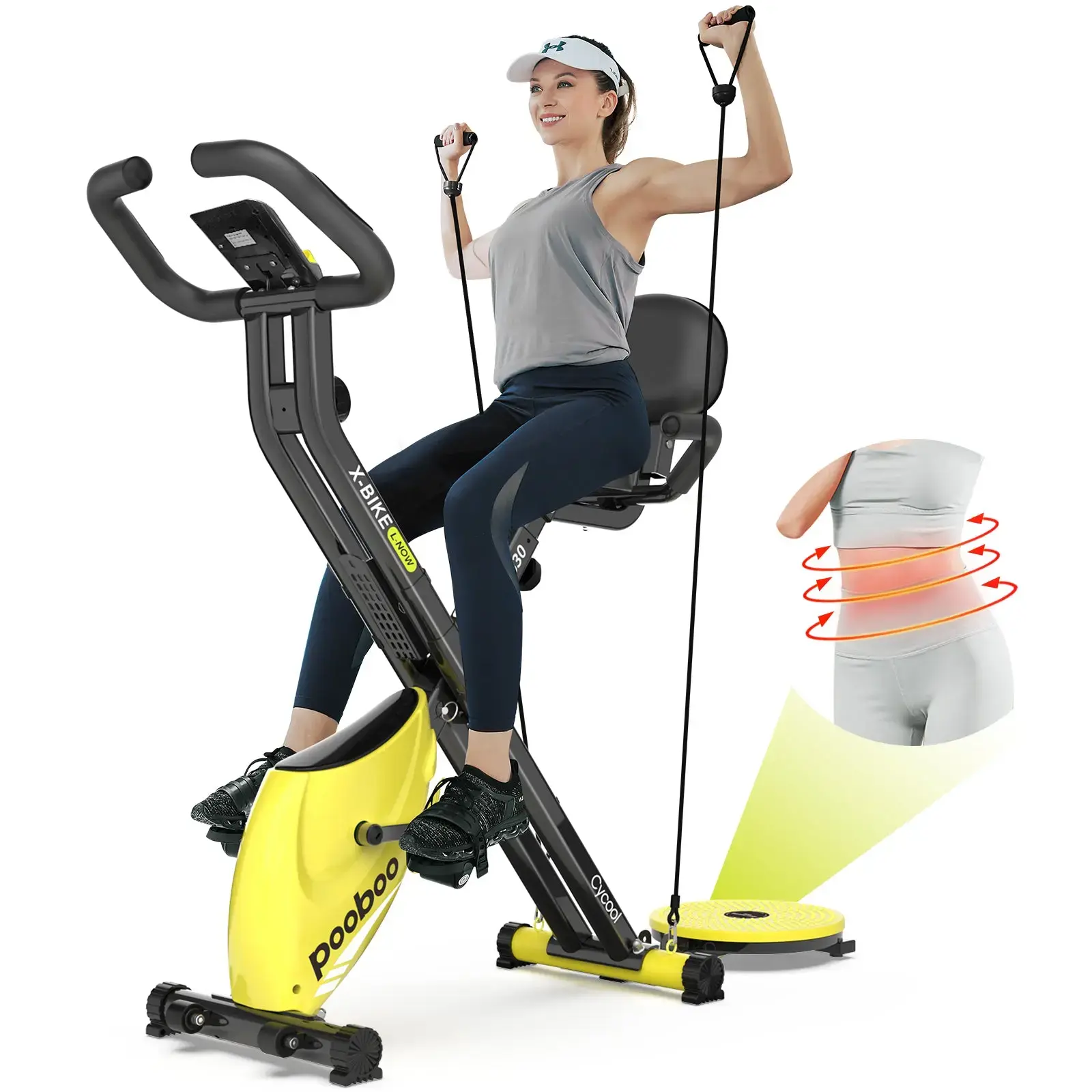 Pooboo 4-in-1 Foldable Exercise Bike with Twister Board & Resistance Bands, Silent Drive Home Exercise Equipment with LCD Display for Full-Body Workout, Home Gym, Resistance Training, Exercise Bikes