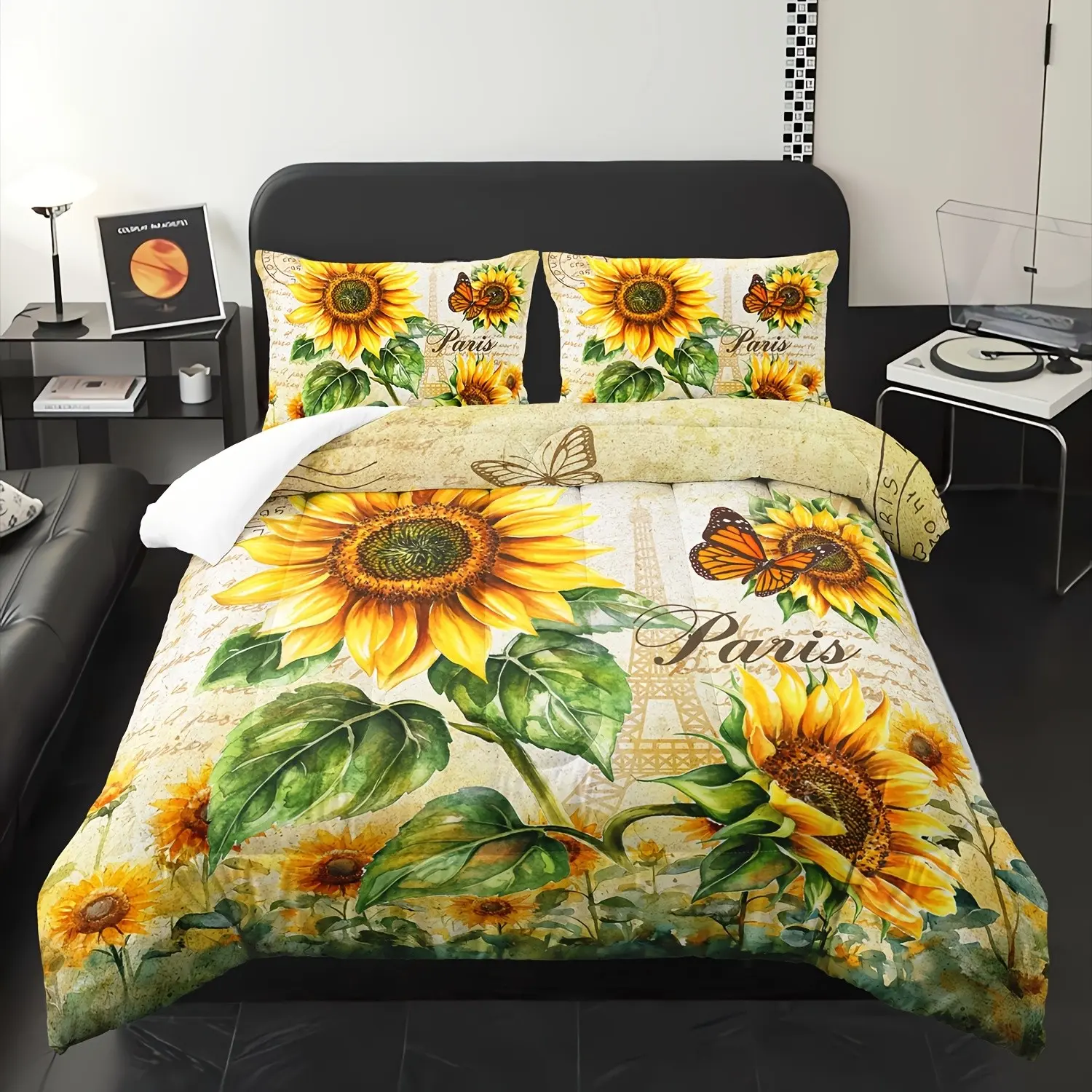 3pcs Yellow Sunflowers Comforter Set Butterfly Rustic Floral Pattern Bedding Set for Young People Adult Paris Eiffel Tower Postmark Quilt Room Decor with 1 Comforter And 2 Pillowcases (No Core Needed)