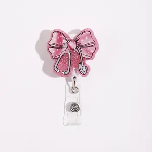 Sparkle Polka Dot Badge Reel, Nurse Badge Reel, Medical Theme ID Holder with Stethoscope Design, Retractable Clip & Transparent Card Slot