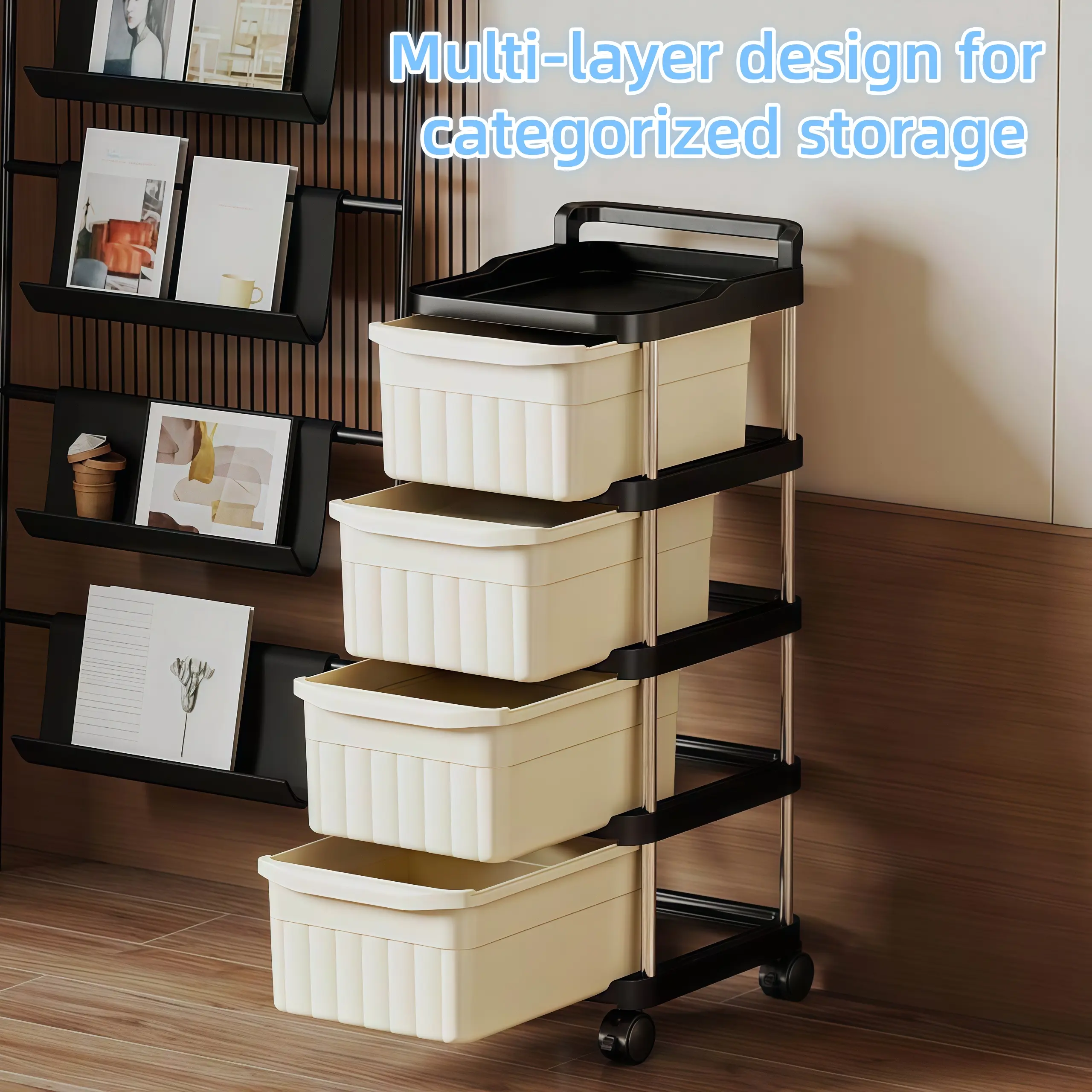 Durable Daily Rolling Storage Cart - 2/3/4/5-Tier Drawer Organizer Cabinet-Rack with Anti-Slip Top Tray, Handle, Lockable Wheels, Dustproof Stainless Steel Frame for Bedroom, Narrow Gaps