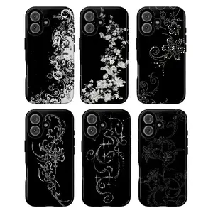 Black Rhinestone Floral Gothic Graphic Art Custom Cellphone Case, Rubber Casing, Heavy-Duty Shockproof Protective Accessories for iPhone 17 Pro Max, 16 Air, 15, 14, 13, 12, 11