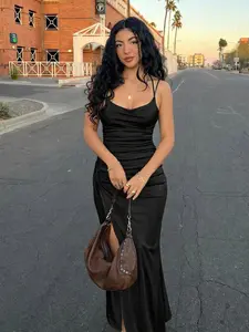 Rosegalette Women's halter top style dress Sexy Elegant Satin Solid Color Criss Cross Open Back Ruched Draped Thigh High Split Spaghetti Strap Cami Maxi Dress