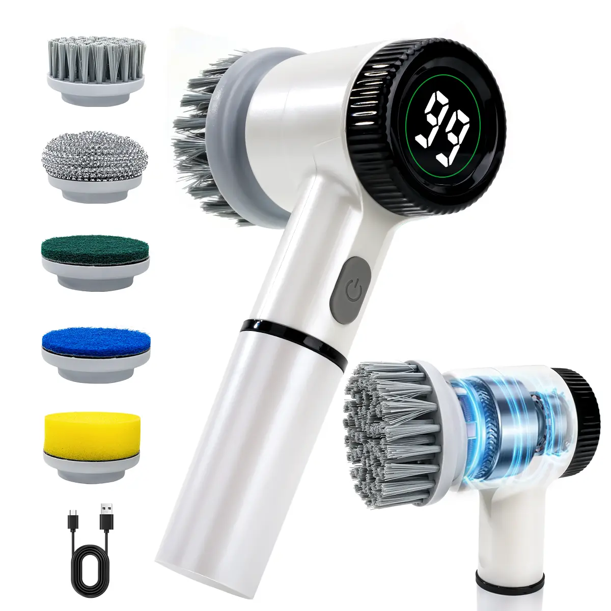 Electric Spin Scrubber Cordless Waterproof Deep Cleaning Handheld Cleaning Brush with 5 Replaceable Brush Heads, 2-Speed Adjustment & Digital Display for Bathroom Tub Tile Floor Kitchen Sink Car Cleaning Tool BBQ Cleaning Brush Multifunctional