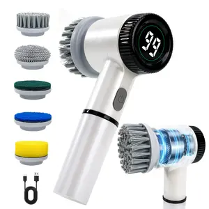 Electric Spin Scrubber Cordless Waterproof Deep Cleaning Handheld Cleaning Brush with 5 Replaceable Brush Heads, 2-Speed Adjustment & Digital Display for Bathroom Tub Tile Floor Kitchen Sink Car Cleaning Tool BBQ Cleaning Brush Multifunctional