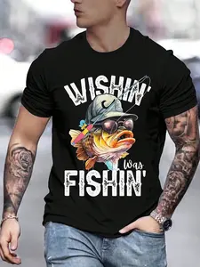 Humorous Fishing Lover T-Shirt Cool Bass Fish with Hat & Sunglasses Print 100% Cotton Short Sleeve Tee Ideal for Fishing Trips Weekend Getaways & Casual Outdoor Wear Menswear Top Streetwear