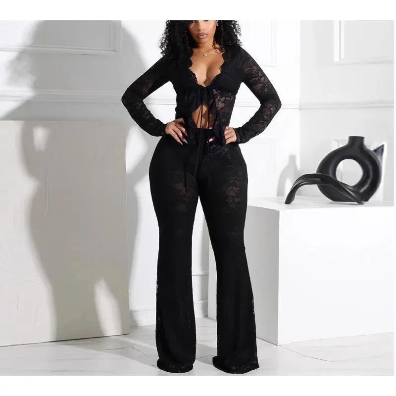 2025 New Women Two Piece Outfit Sexy Lace Top and Flared Pants Club Outfit Women Outing No.30 Fabric Light Casual Long Sleeve Suits Basic Womenswear rave outfits matching sets women Clothes Party Soft Black Minimalist