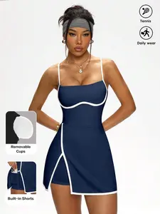 CORSETTI Navy Blue Sleeveless Mini Tennis Dress With Spaghetti Straps And Built-In Shorts Athletic Dress With Built-In Bra
