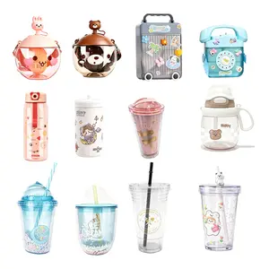 12PcsAssorted Reusable Water Bottle Collection, BPA-Free Leak-Proof Straw Cups with Cute Bear, Rabbit & Space Designs, Ideal for Kids & Adults, Travel, School & Party Gifts, 320ml-1000ML Sizes
