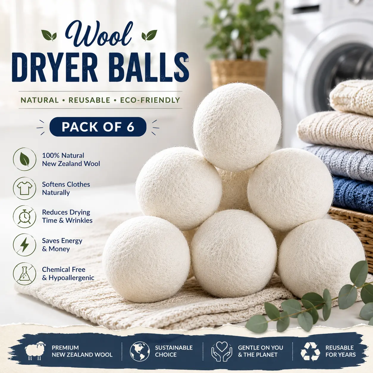 6-Pack Wool Dryer Balls , Drying Balls for Laundry,Reusable As Natural Fabric Softener, Reduce Clothing Wrinkles, Drying Clothes Faster Eco-Friendly