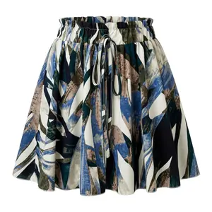 Women Printed High Waist Drawstring Flowy Mini Skirt
