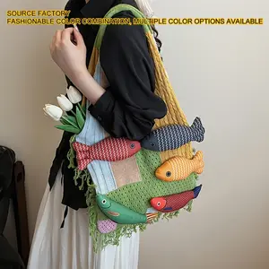 2026 new niche versatile fashion splicing personalized small fish handbag knitted tote bag college students commute to class large-capacity women's bag