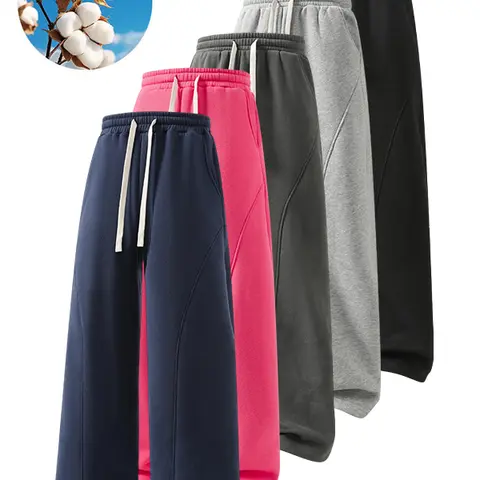 Men's Plain Cotton Blend Activewear Pants - Athletic Casual Straight-Leg, Loose Relaxed Fit, Drawstring Elastic Waist, Wrinkle-Resistant, Soft Breathable for Daily Commute Travel