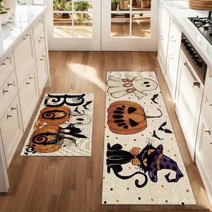 2Pcs Halloween Black Cat Ghost And Pumpkin Lantern Floor Mat Set Farmhouse Kitchen Rug Dining Room Flooring Laundry Room Decor Carpet Mat, Decorative Rugs