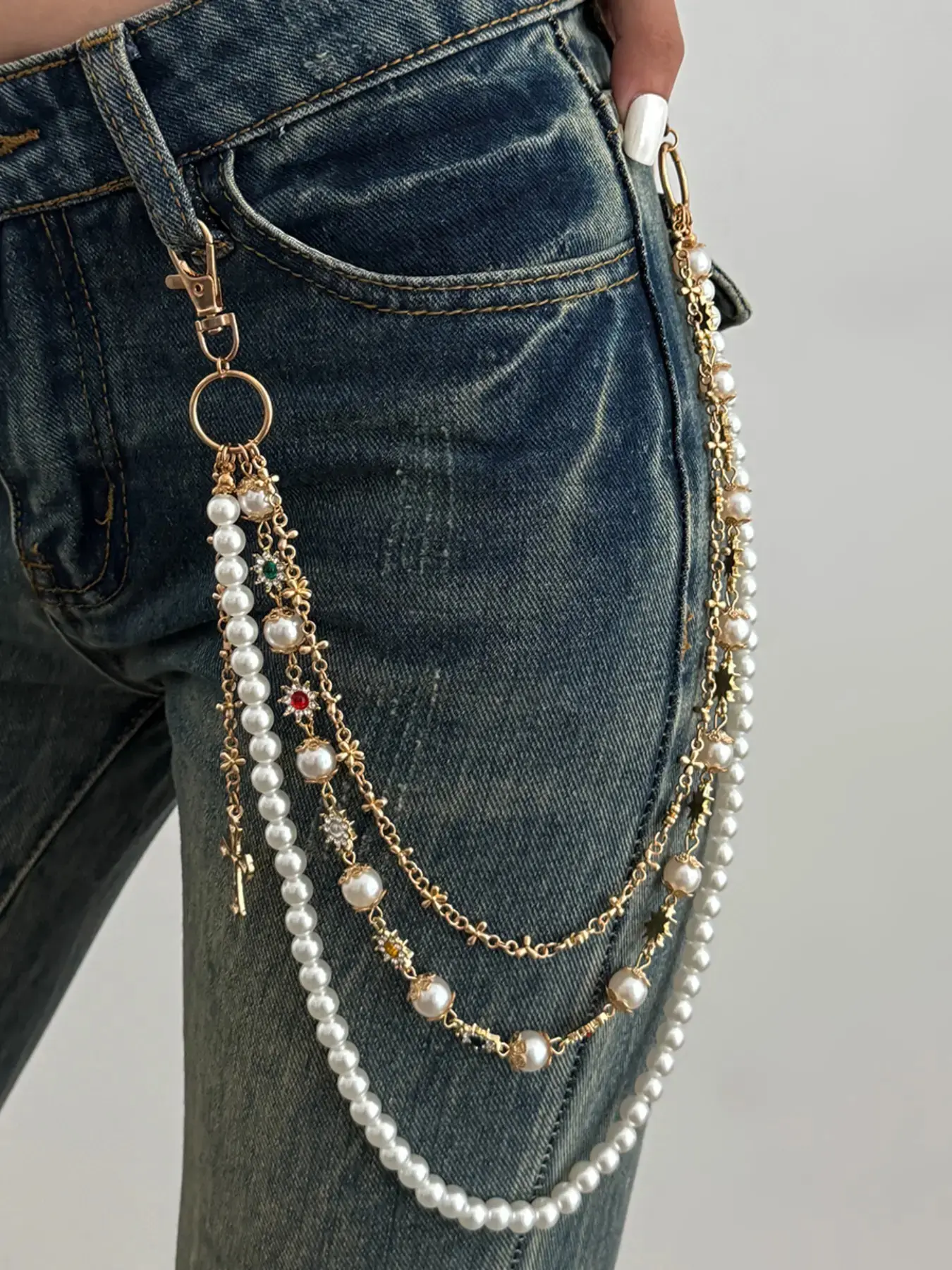 Vintage Layered Pants Chain Unisex Punk Hip Hop Mixed Color Rhinestone Artificial Pearl Cross Pendant, Streetwear Denim Jeans Decoration, Statement Jewelry for Daily & Party Wear, Mixed Colors