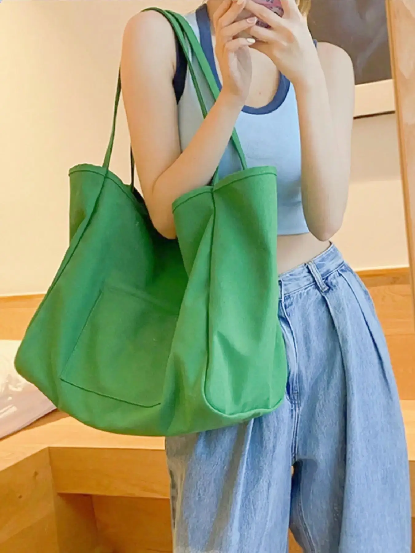 Simple Plain Canvas Tote Bag, Large Capacity Trendy Fashionable Shoulder Bag, Versatile Shopping Bag, All-match Commuter Bag for Work & Daily Used