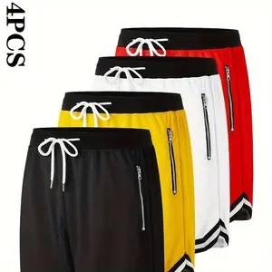 Men’s casual sports shorts (set of 4) with zippered pockets — breathable polyester fiber, elastic waistband, multicolor basketball and sportswear, machine washable