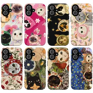 Whimsical Cute Cat Phone Case – Adorable Cat Illustration with Floral, Star & Fairy Tale Aesthetic Cover for iPhone 11 12 13 14 15 16 17 Pro Max, Kawaii Vintage Cat Lover Gift