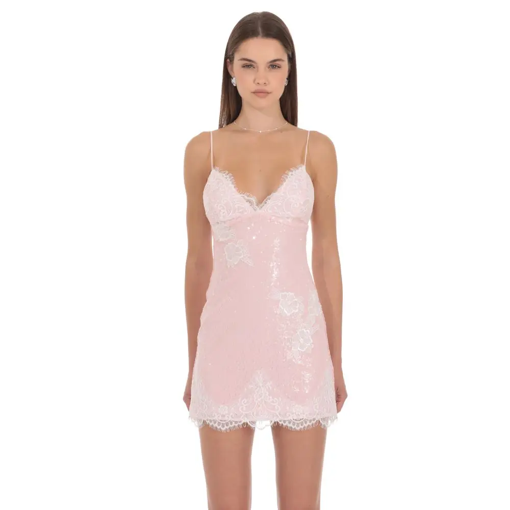Lace Sequin Plunge Mini Dress in Pink