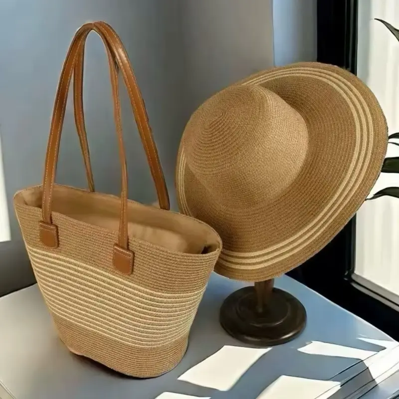 2-Piece Straw Beach Tote Bag & Sun Hat Set for Women - Perfect for Summer Outings and Beach Days
