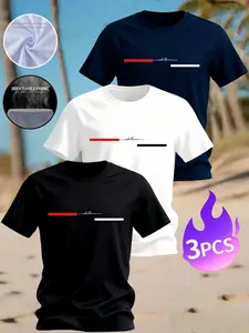 3-Pack Men's T-Shirts, New Trendy Summer Tops, Breathable Fabric Round Neck Tees, Loose Fit Geometric Pattern, Essential Workout Wear