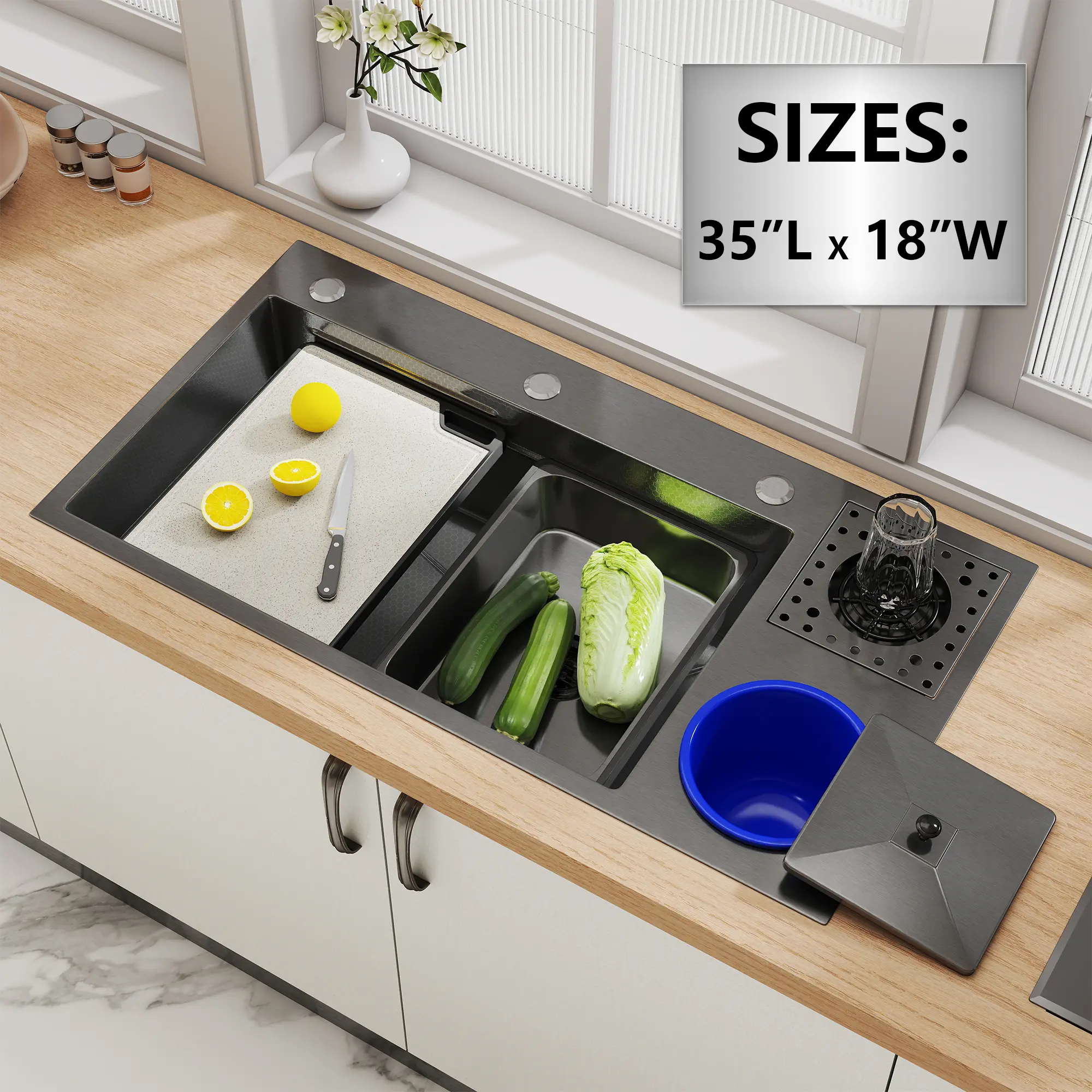 35 " black Nano Stainless Steel Workstation Kitchen Sink Undermount Single Bowl Deep Basin Sink with Cutting Board, Glass Rinser, Drain Basket, Complete Accessories for Modern Kitchen Prep Washing