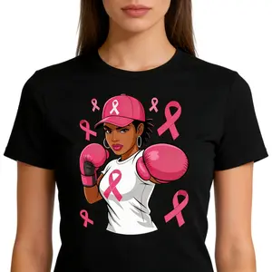 Cotton Unisex Women's Black African American Fight Breast Cancer Pink Ribbon T-Shirt Crewneck Short Sleeve Machine Washable Big & Tall Sizes Casual Top Soft Breathable Fabric Womenswear Essential Graphic Tee