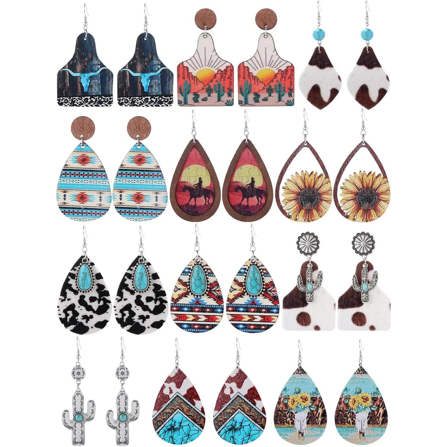 Women's 12-Pair Hypoallergenic Handmade Western Earrings Set - Vintage Turquoise Print, Leather, Wood Teardrop Dangle Cowgirl Costume Jewelry, Hypoallergenic Jewelry, Handmade Earrings