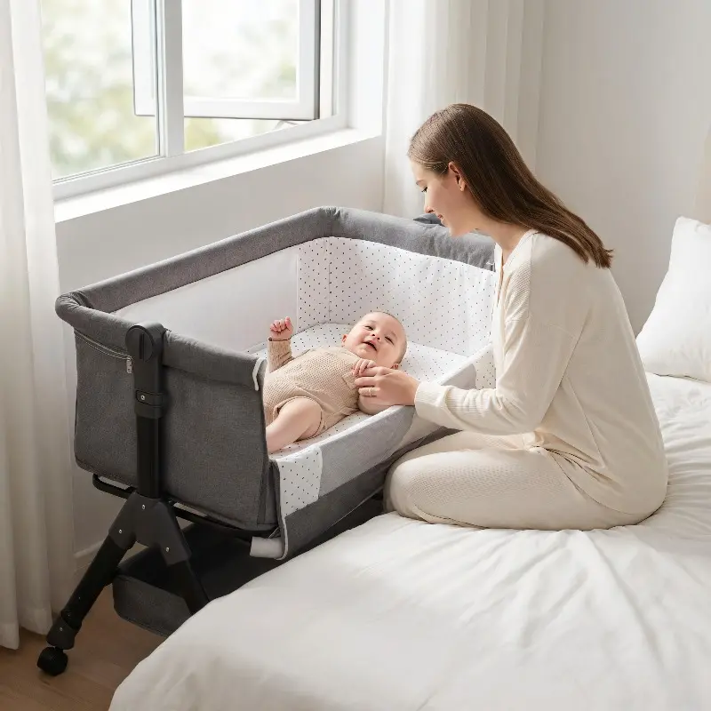 5-in-1 Baby Bassinet Bedside Crib for Infant, Portable Travel Crib with Diaper Table, Mosquito Net, Mattress, Storage Layer, 1-Button Storage (Beige)