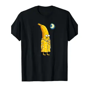Women's funny banana character in pajamas Graphic T-Shirt - Short Sleeve Crew Neck Regular Fit Casual Wear | Soft & Breathable Fabric, Durable Print, Everyday Comfort, Machine Washable, cartoon humorous illustration of a banana wearing yellow pajamas with