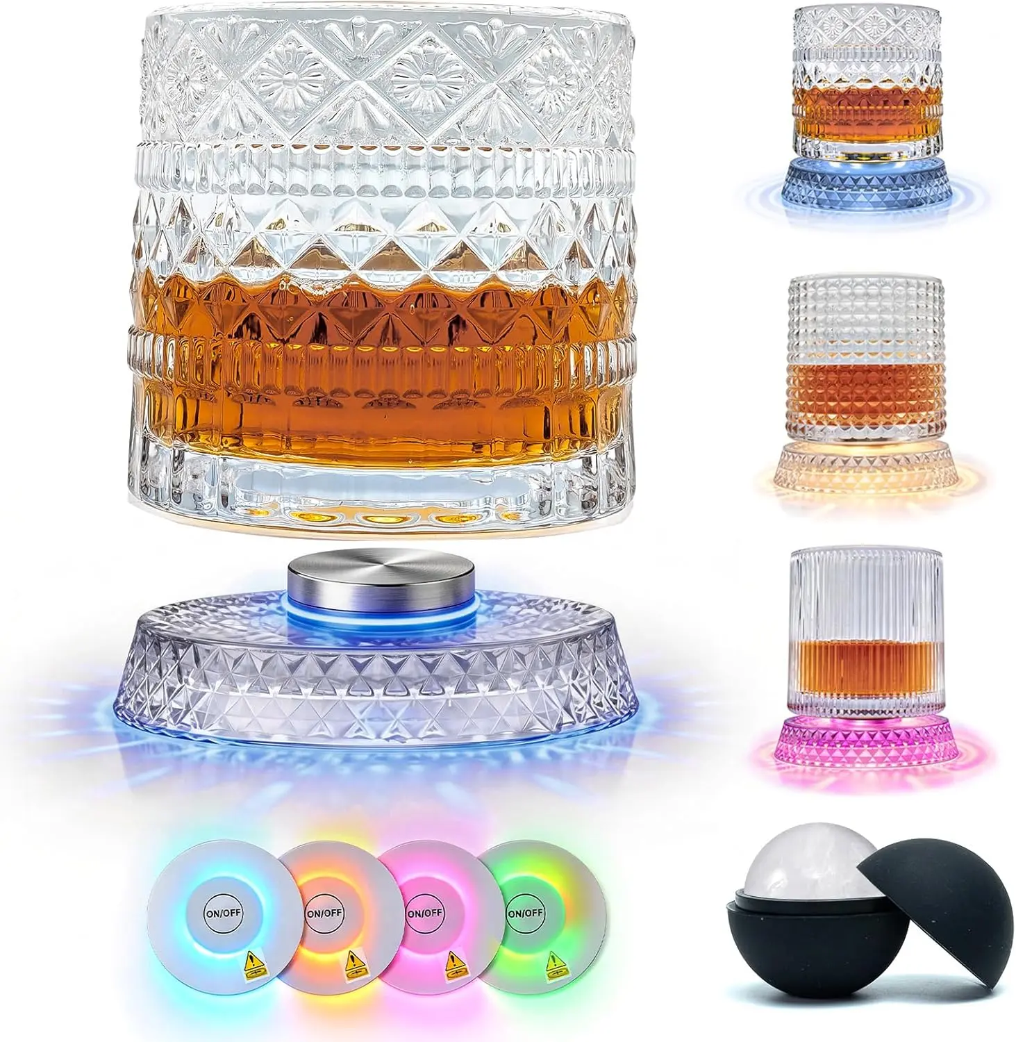 Spinning Whiskey Glass with Ambient Lighting Set, 360 Degree Rotating Crystal Tumbler with Vintage Ribbed Patterns & 4 Color Lighting, Cool Drinking & Bar Accessories
