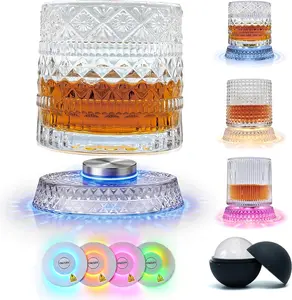 Spinning Whiskey Glass with Ambient Lighting Set, 360 Degree Rotating Crystal Tumbler with Vintage Ribbed Patterns & 4 Color Lighting, Cool Drinking & Bar Accessories