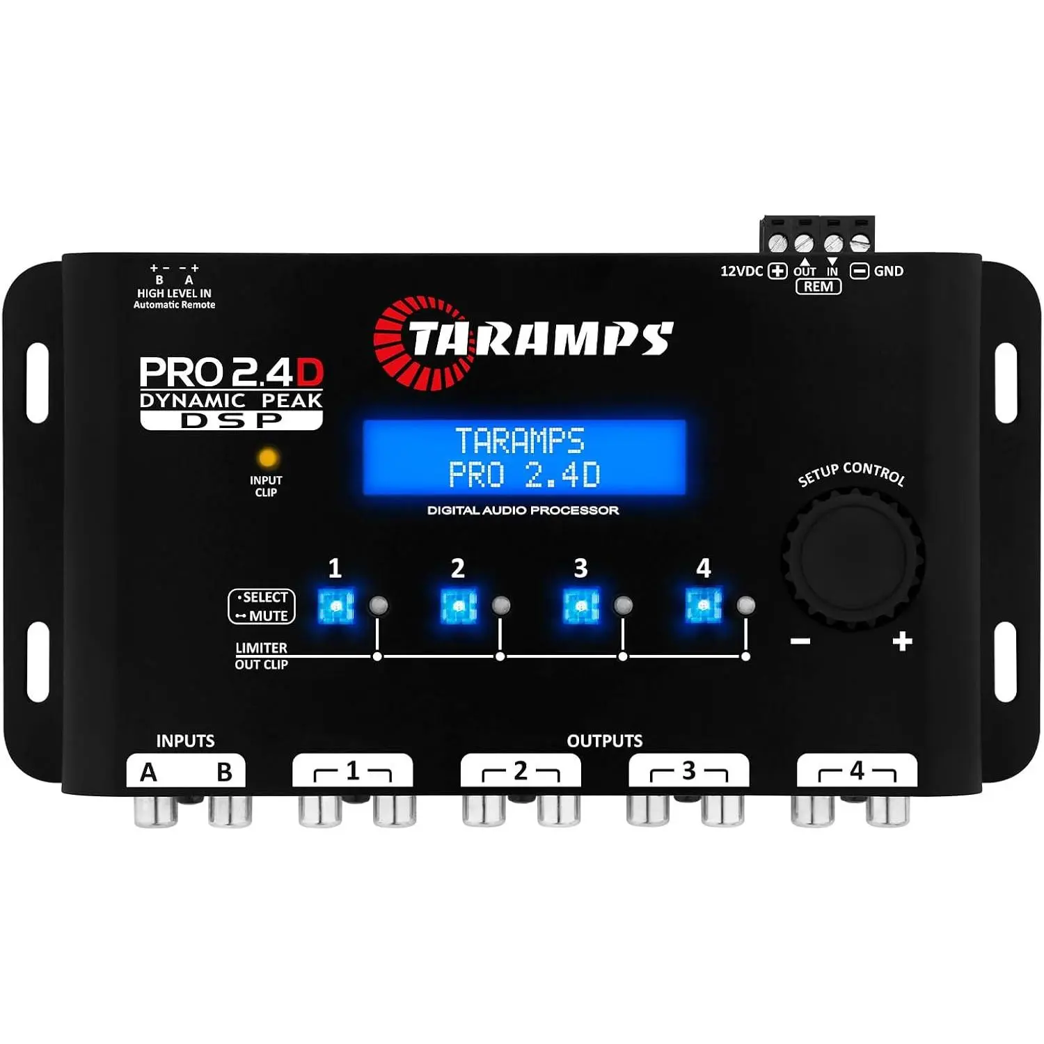 Taramps Pro 2.4D Dynamic Peak DSP Crossover Full Digital Signal Car Audio Processor and , RCA and High Level Input, 4Channel Out, 5Band Input, Eq 12 preset, Peak and RMS Limiter Function