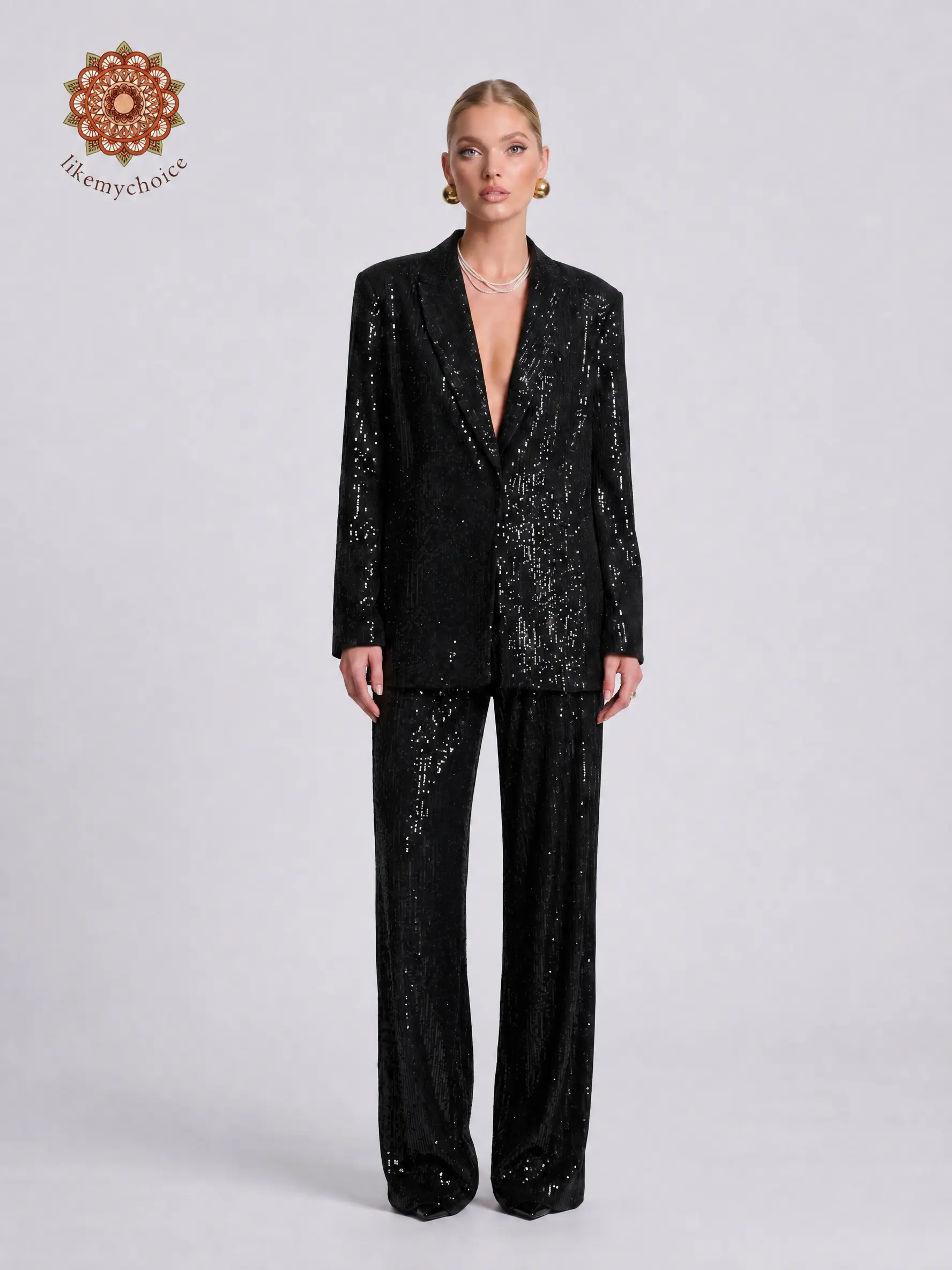 LikeMyChoice Women's Sequin Blazer & Wide Leg Pants 2-Piece Set Elegant Lapel Long Sleeve Formal Party Outfits for Women