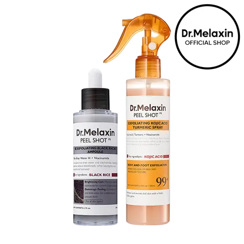 [Dr.Melaxin Official] Peel Shot Face & Body Exfoliating Duo, 2-Piece | Black Rice Ampoule + Kojic Acid Turmeric Body Spray | Gentle Exfoliator for Smooth Texture, Glow & Dark Spot Care | Korean Skincare