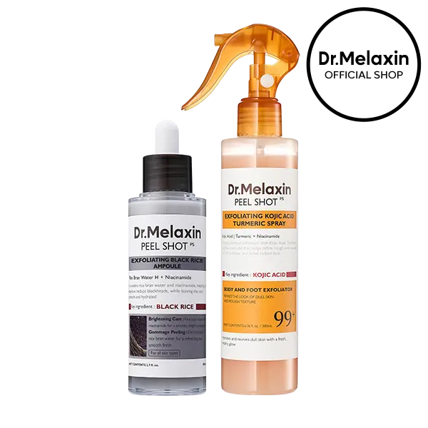 [Dr.Melaxin Official] Peel Shot Face & Body Exfoliating Duo, 2-Piece | Black Rice Ampoule + Kojic Acid Turmeric Body Spray | Gentle Exfoliator for Smooth Texture, Glow & Dark Spot Care | Korean Skincare