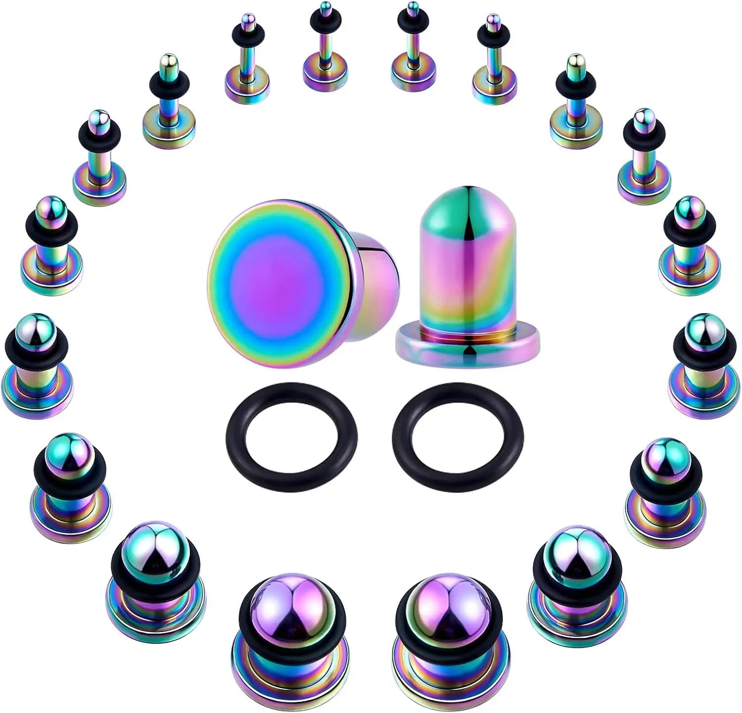 18Pcs 14G-00G Ear Gauges Stretching Kit Stainless Steel Plugs With Rubber Rings Short Taper Expander Set for Men Women