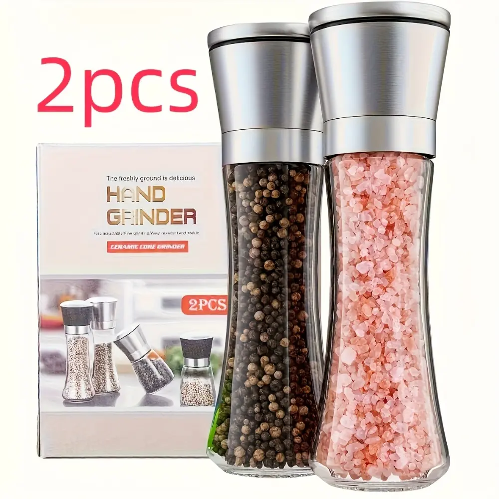 2pcs Heavy-Duty Stainless Steel Salt and Pepper Grinder Set/Adjustable Ceramic & Tall Glass Mills/Suitable for Sea Salt, Peppercorns, Spices/Modern Kitchen Mills for, Restaurants, for and Commercial Use Kitchenware Kitchen Gadgets